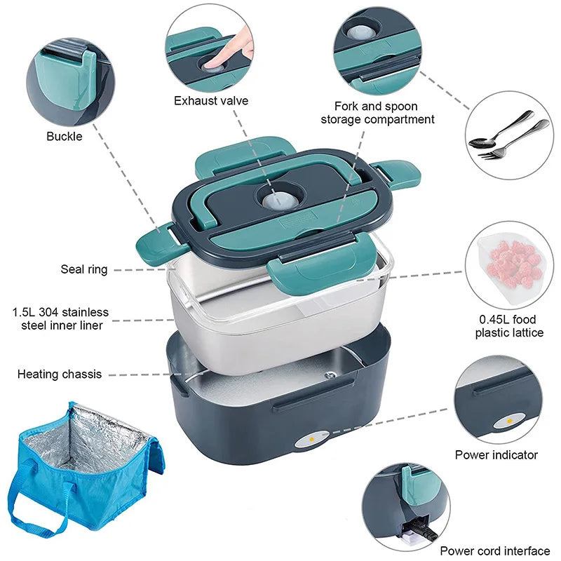 Portable Heated Lunch Box – Electric Food Warmer with Stainless Steel Bento Container