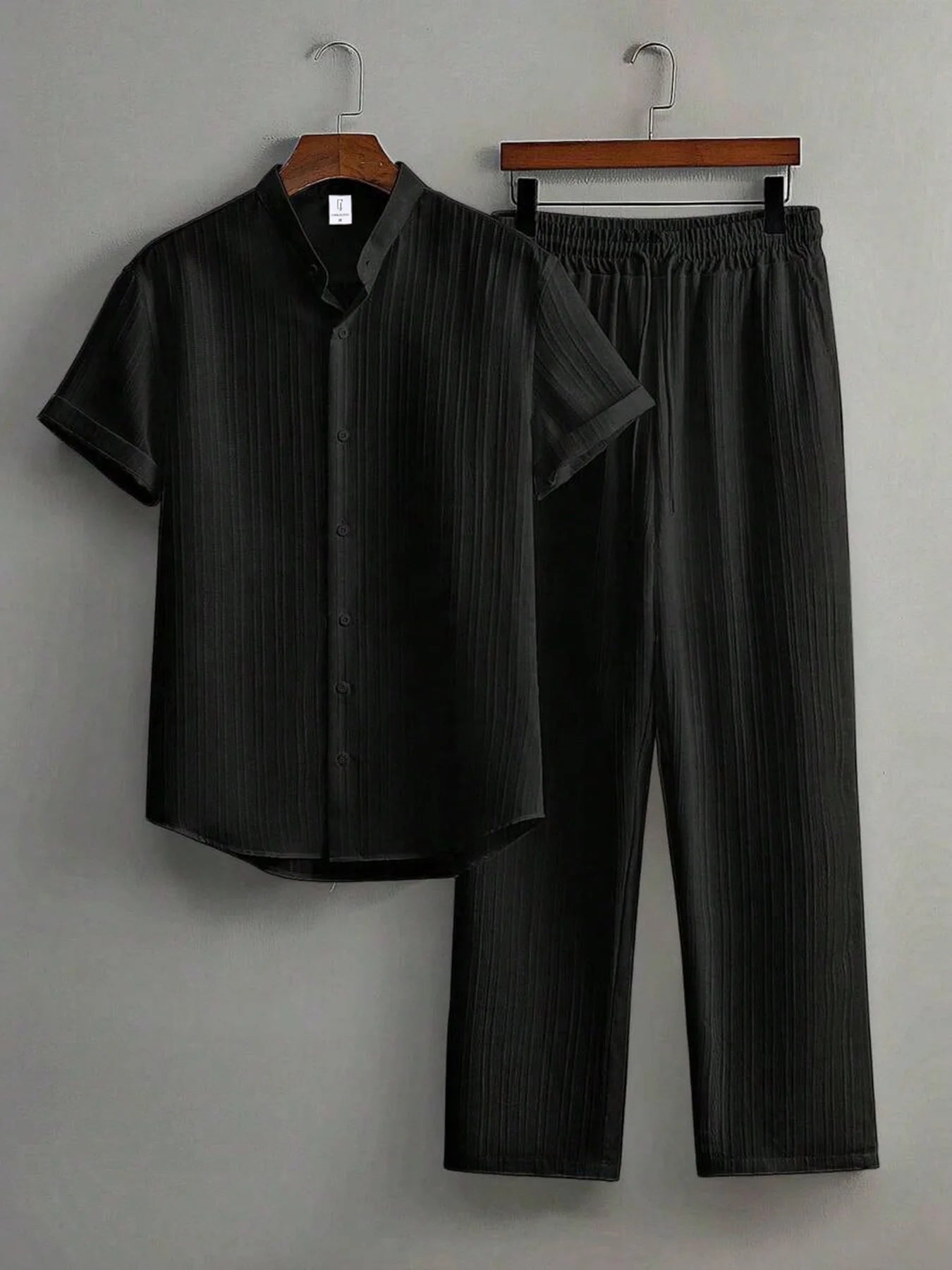 Men's White Vertical Striped Textured Henley Shirt Casual Set 2 Piece Summer Short Sleeve Drawstring Pants Outfit