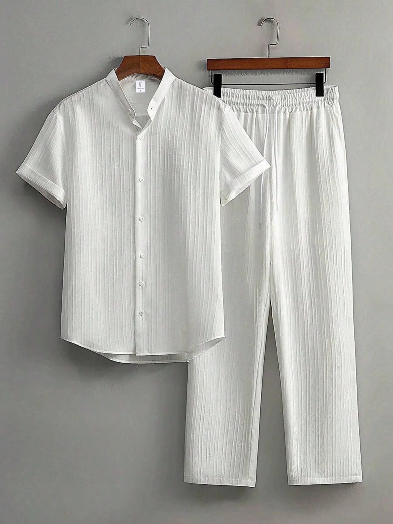 Men's White Vertical Striped Textured Henley Shirt Casual Set 2 Piece Summer Short Sleeve Drawstring Pants Outfit