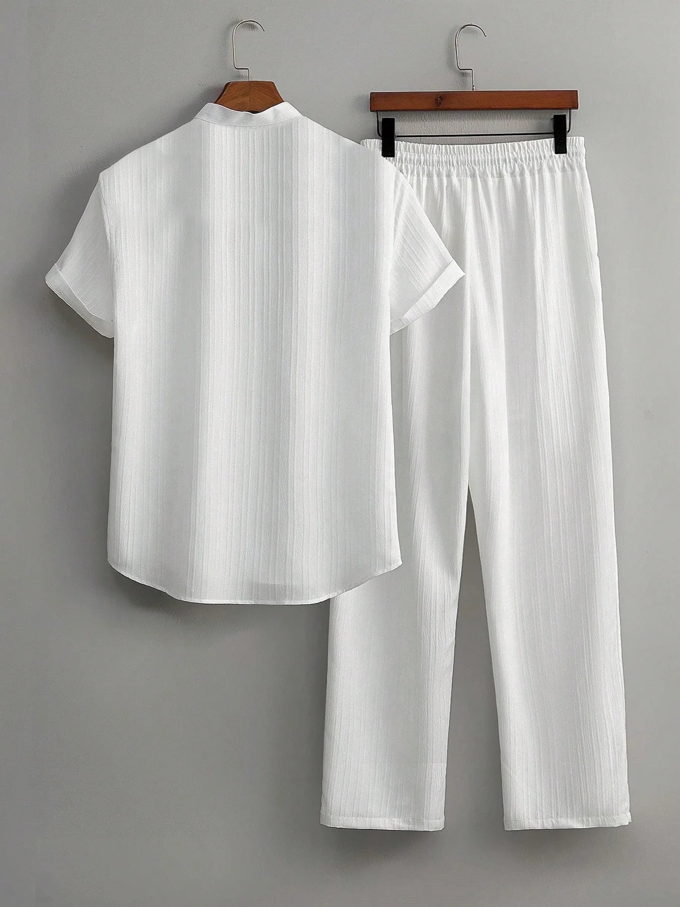Men's White Vertical Striped Textured Henley Shirt Casual Set 2 Piece Summer Short Sleeve Drawstring Pants Outfit