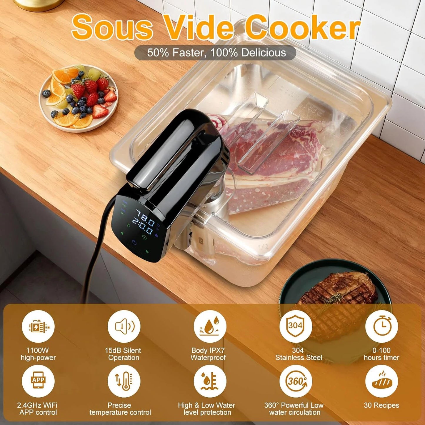 Sous Vide WiFi 1800W con Display LED – Cottura Professionale a Casa